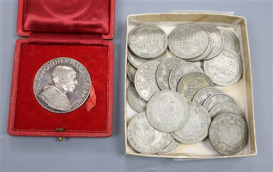 A boxed silver medal and collection of pre-1947 coins